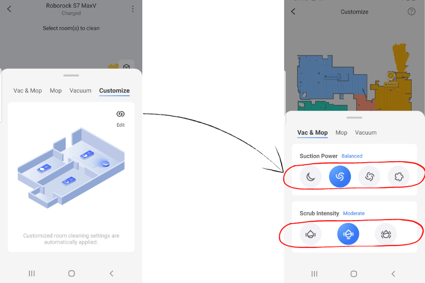 Suction power or water flow level is set individually for each room in the Roborock App.